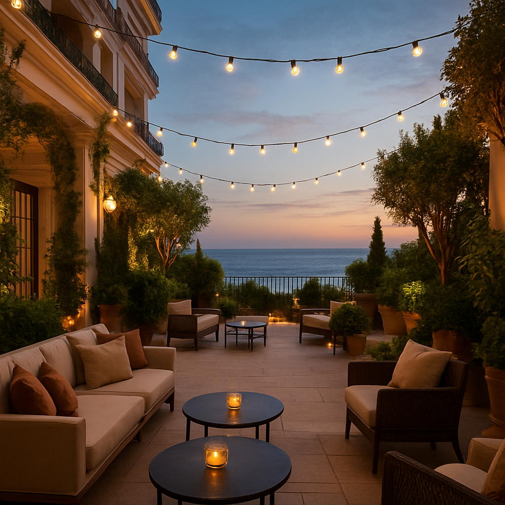 Terrace with string lights at dusk